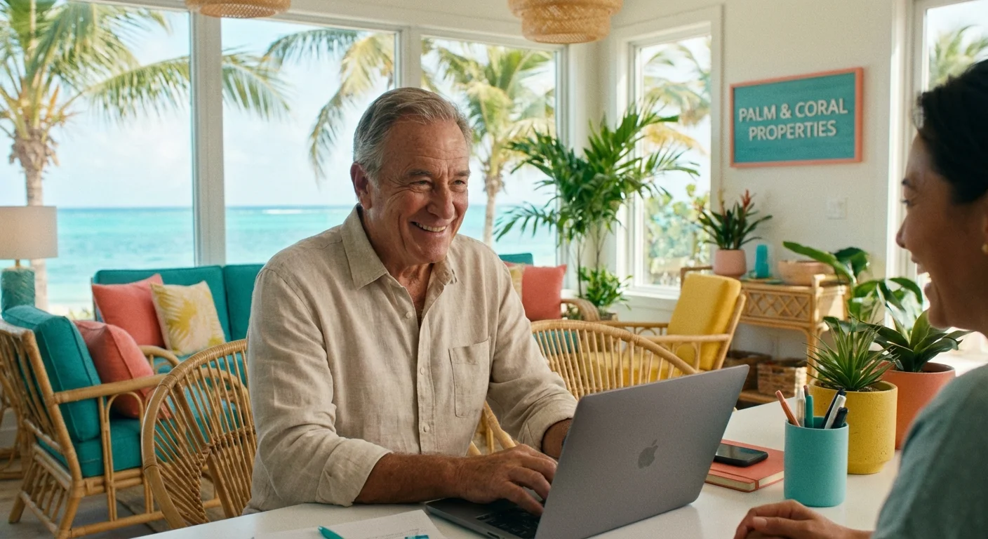 A senior man working in a bright, sunny Florida hospitality office.