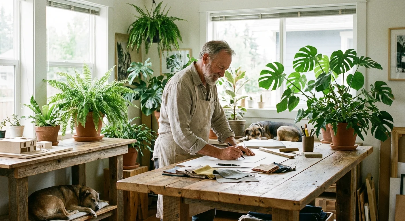 A senior man working in a creative, green Oregon office space.