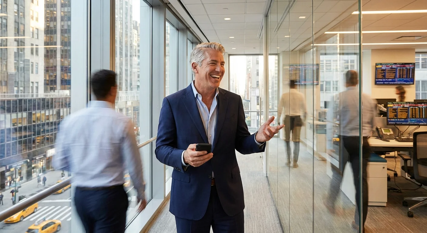 A senior man working in a high-rise New York City office.
