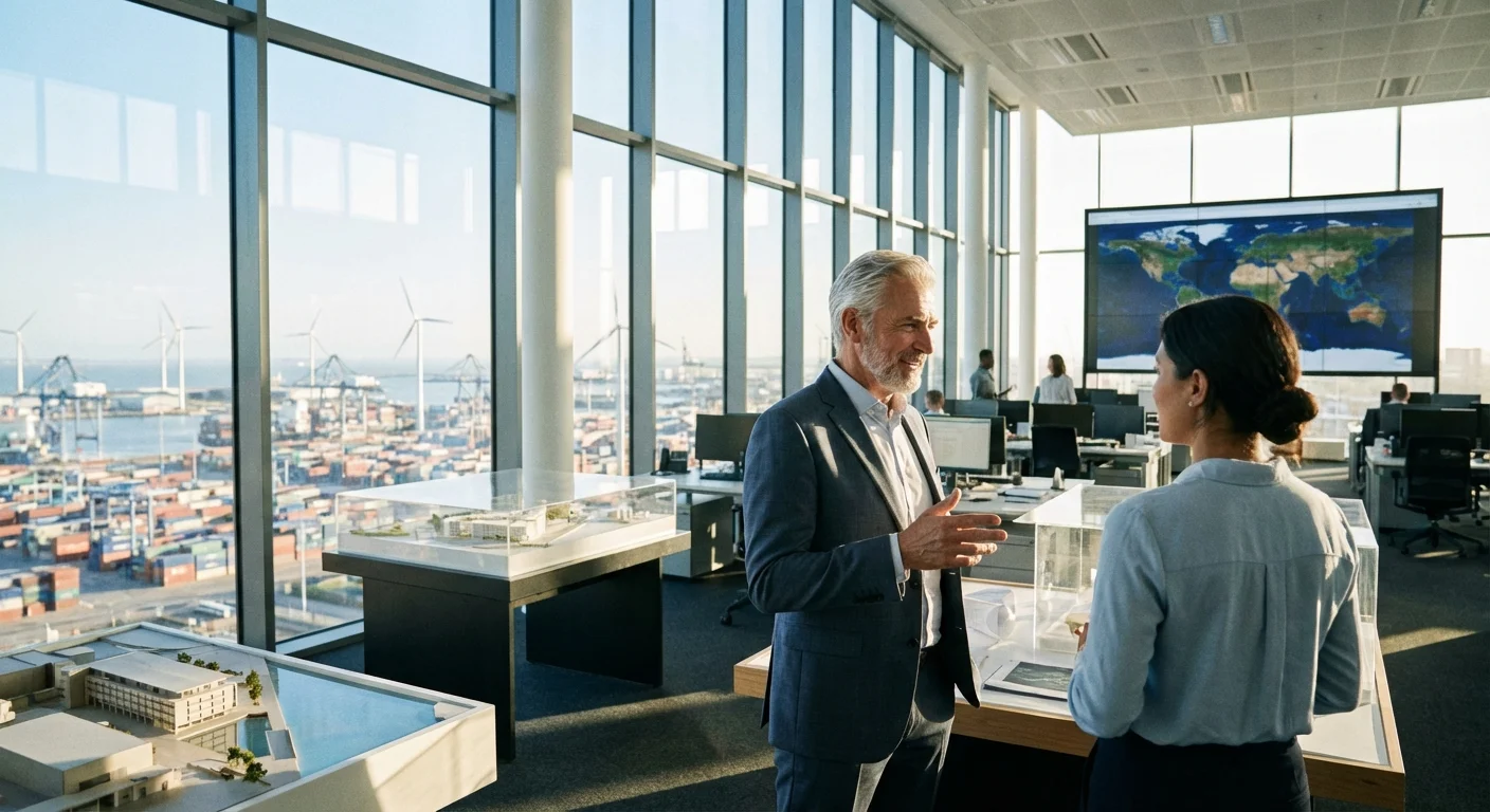 A senior man working in a large, modern Texas energy or logistics office.