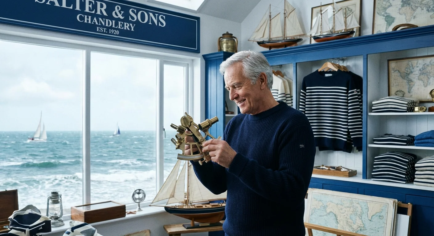 A senior man working in a maritime-themed office in Maine.