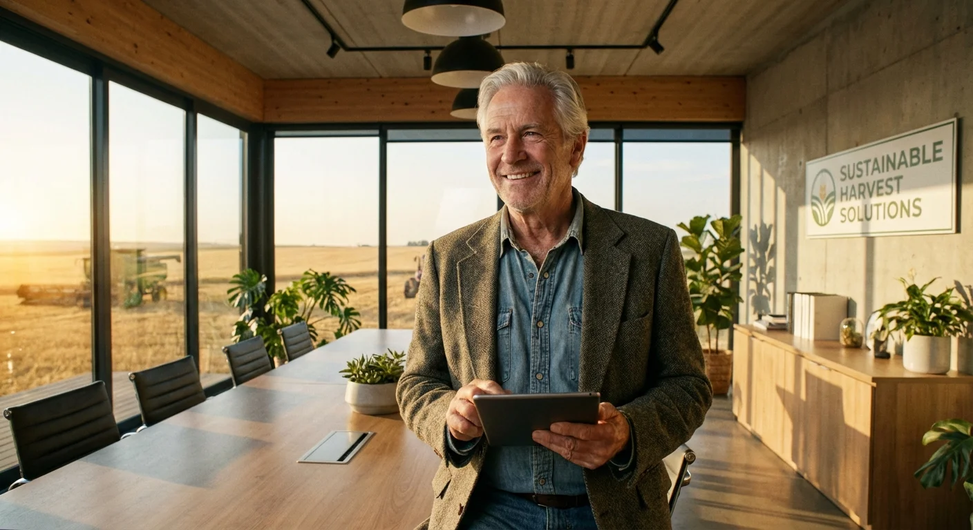 A senior man working in a professional Nebraska agribusiness office.
