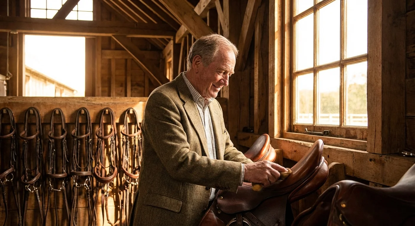 A senior man working in a traditional Kentucky setting with equestrian influences.