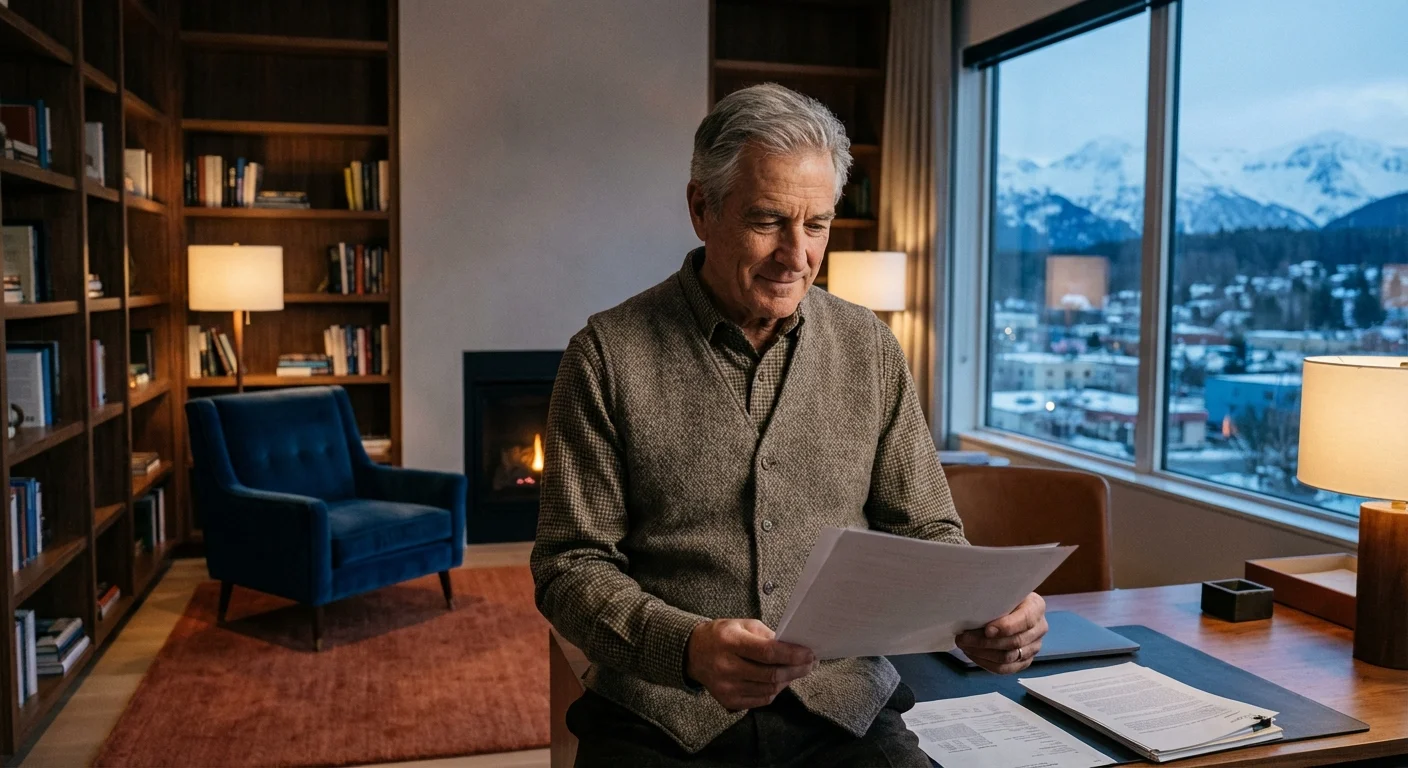 A senior man working in an office with a view of Alaskan mountains.
