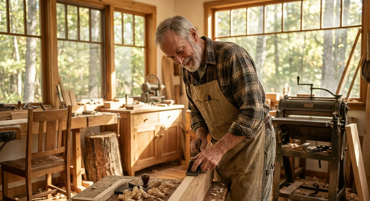 A senior man working on a woodworking project, representing the balance of work and retirement.