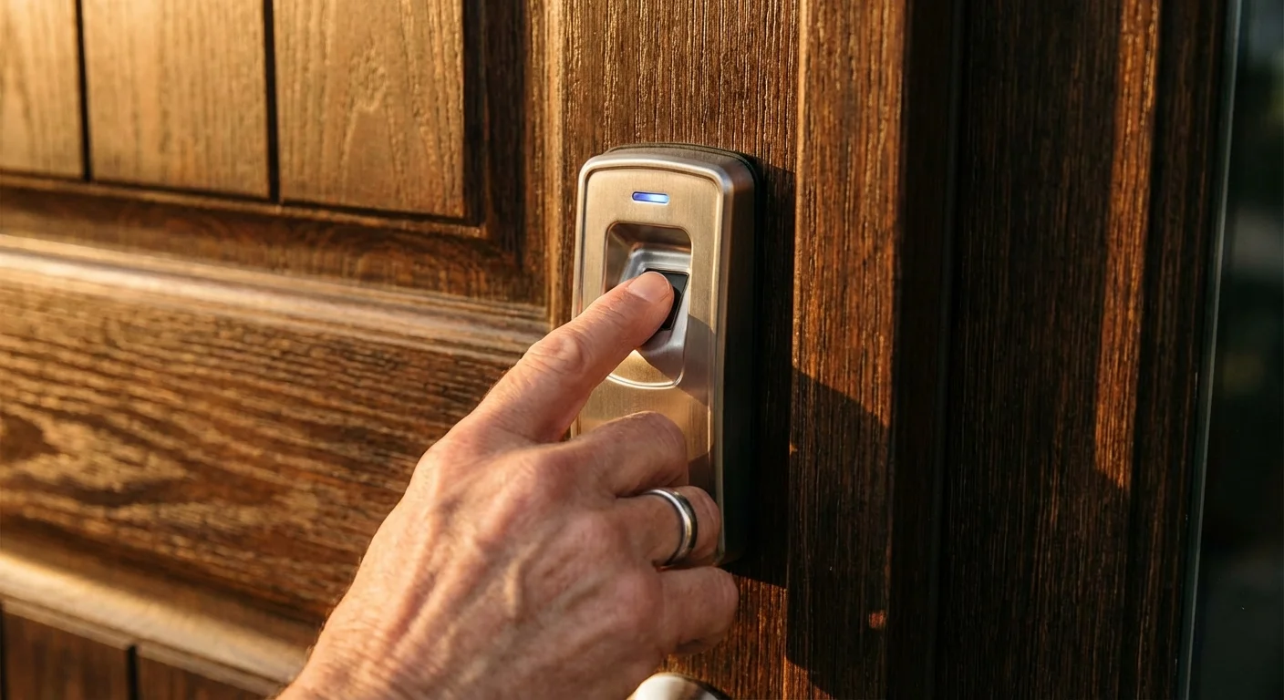 A senior person using a smart door lock on a high-end wooden front door.