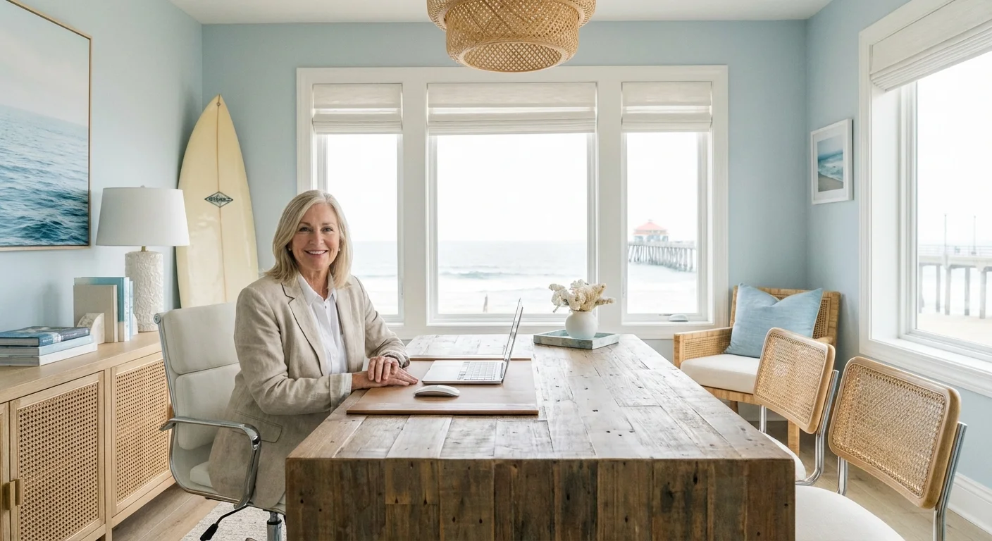 A senior professional in a bright, coastal office in Huntington Beach.