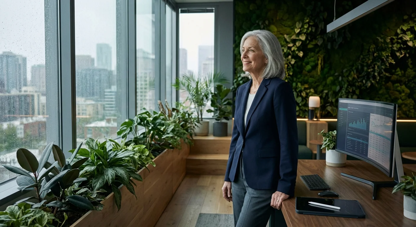 A senior professional woman in a modern Seattle office with plants.