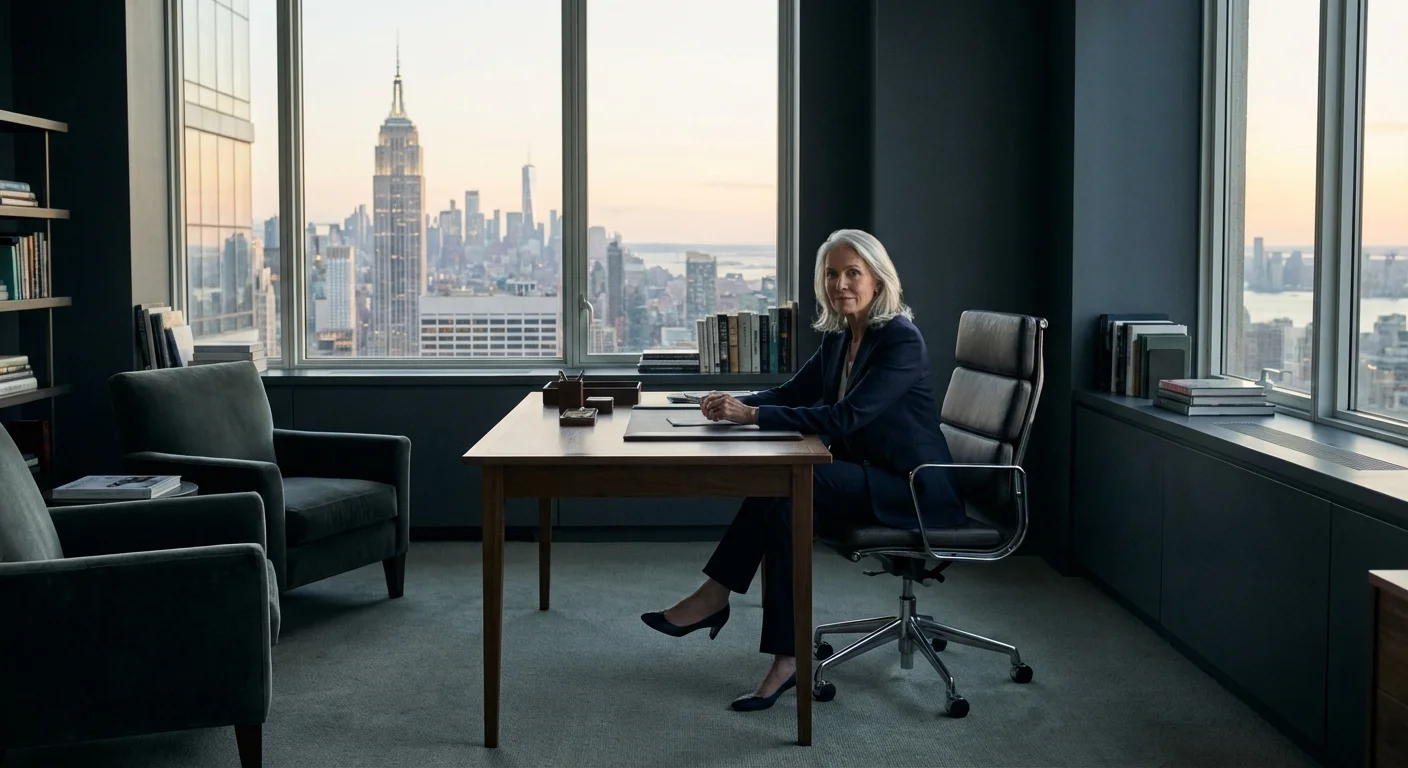 A senior professional woman in an office in Yonkers with a city view.