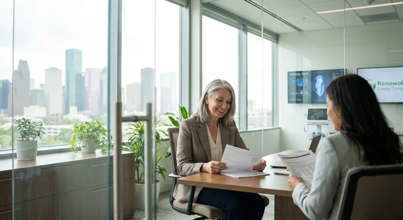A senior professional working in a Houston business district office.