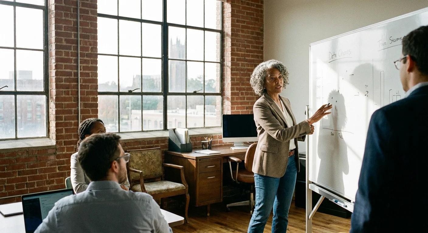A senior professional working in a modern Durham office with industrial details.