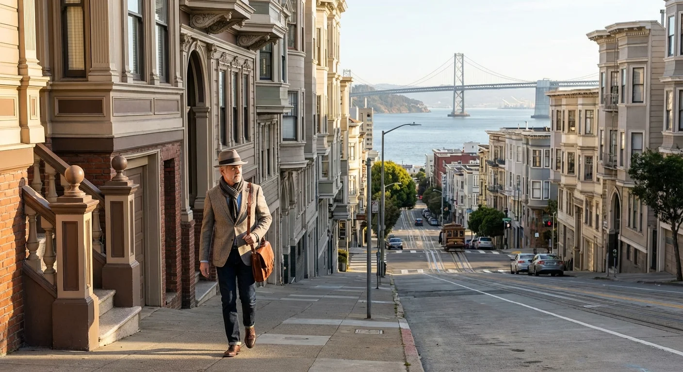 A senior walking through a hilly, upscale coastal city street with historic architecture.