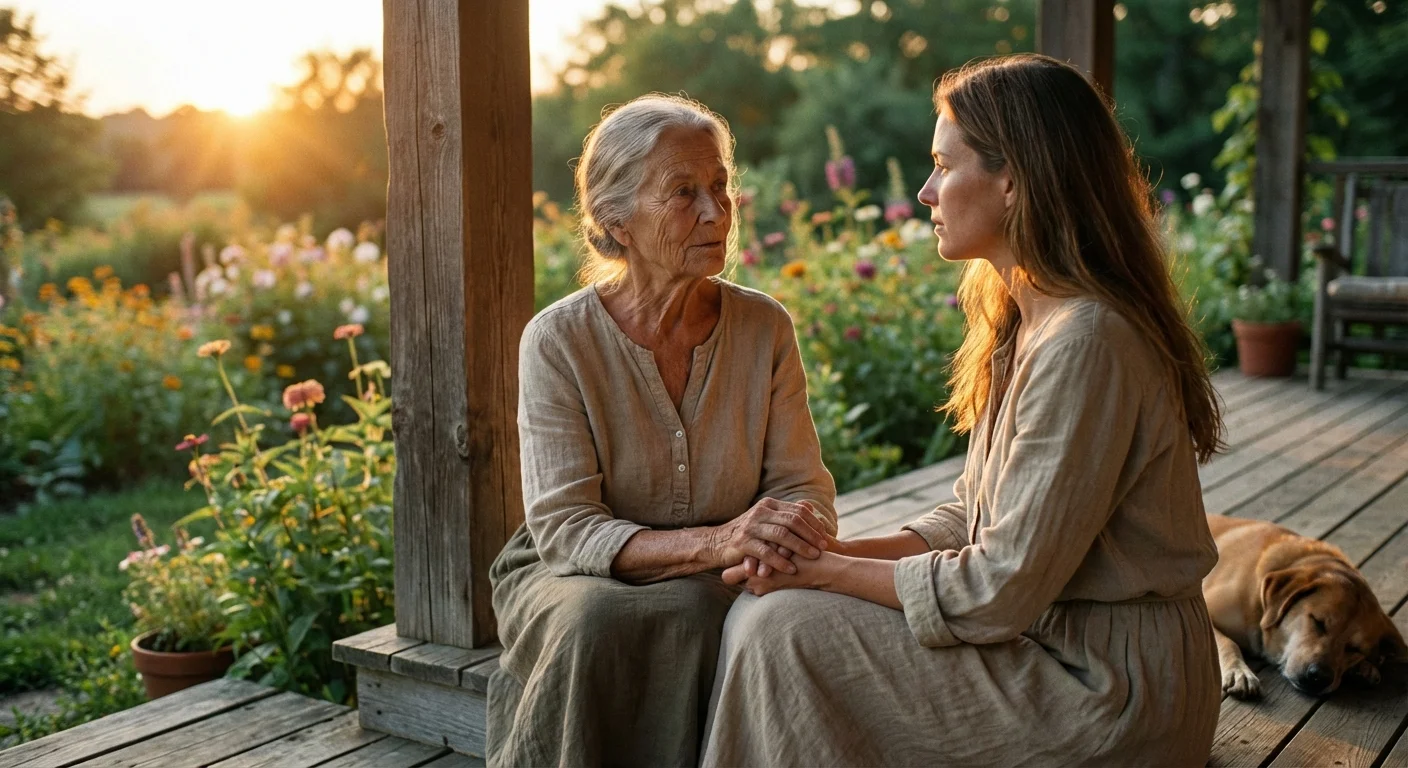 A senior woman and her adult daughter having a serious conversation on a porch.