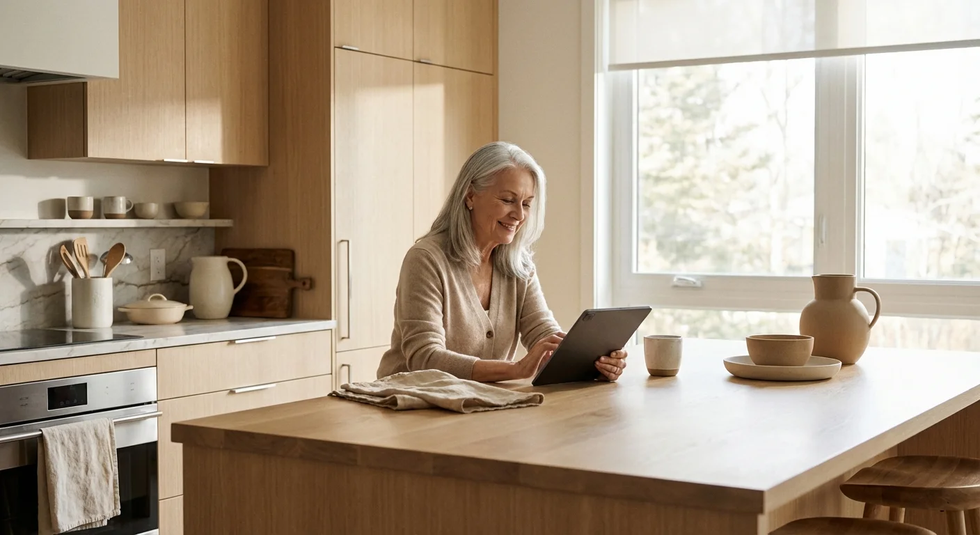 A senior woman calmly looking at a tablet in a bright kitchen, symbolizing financial planning.