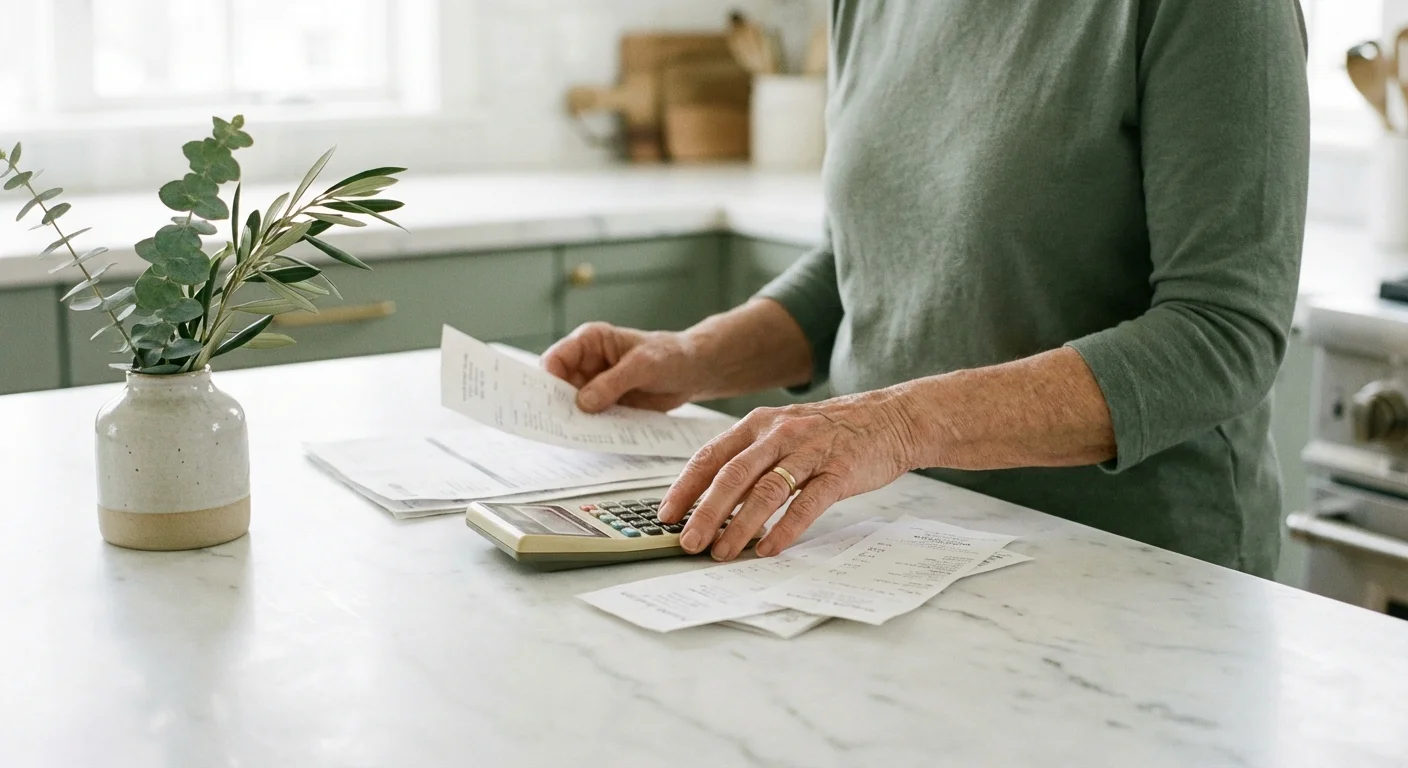 A senior woman calmly organizing financial documents in a bright kitchen.