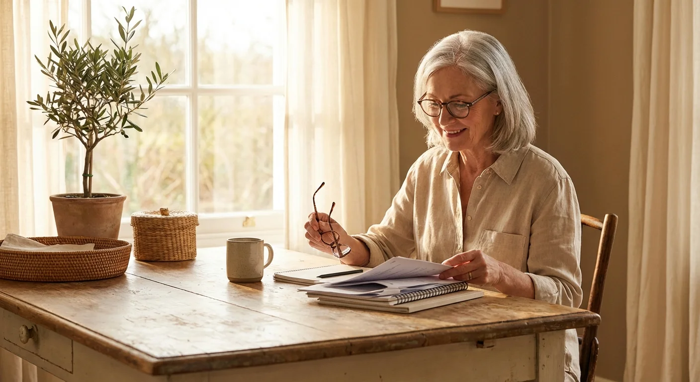 A senior woman calmly reviewing documents at a sunlit wooden table.