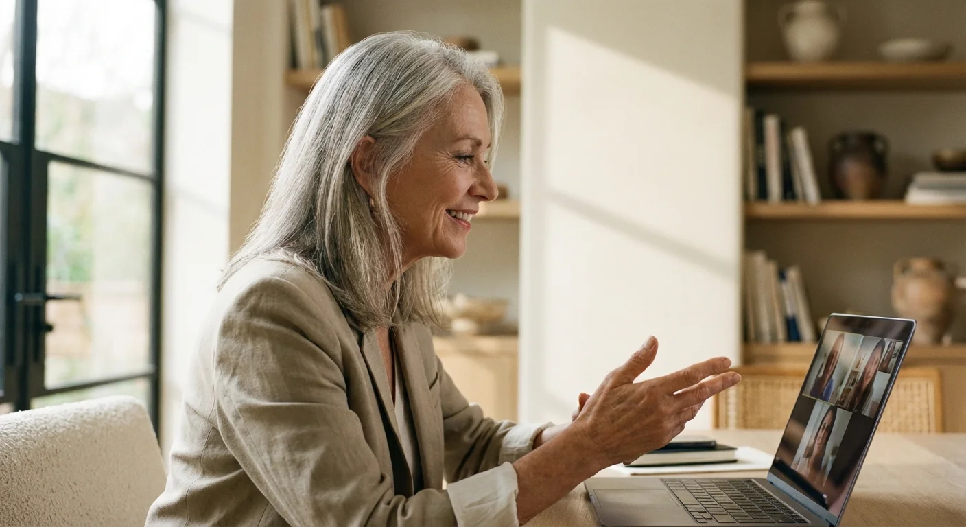 A senior woman conducting a professional consulting call from her bright home office.