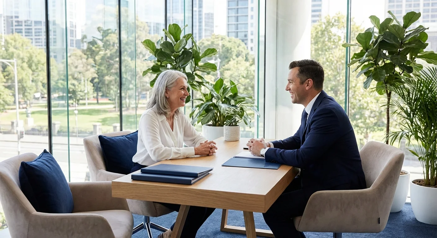 A senior woman consulting with a financial professional in a bright office.