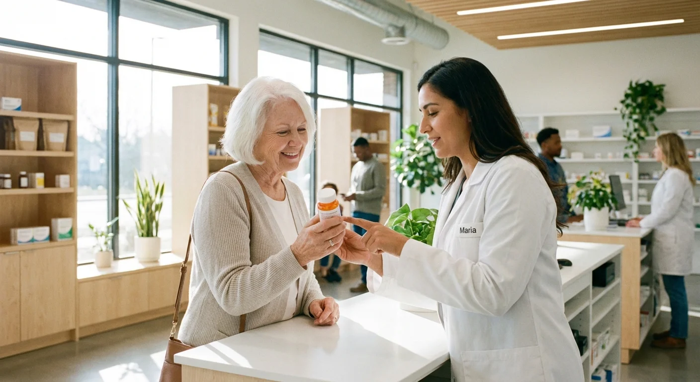 A senior woman consulting with a pharmacist in a modern store.