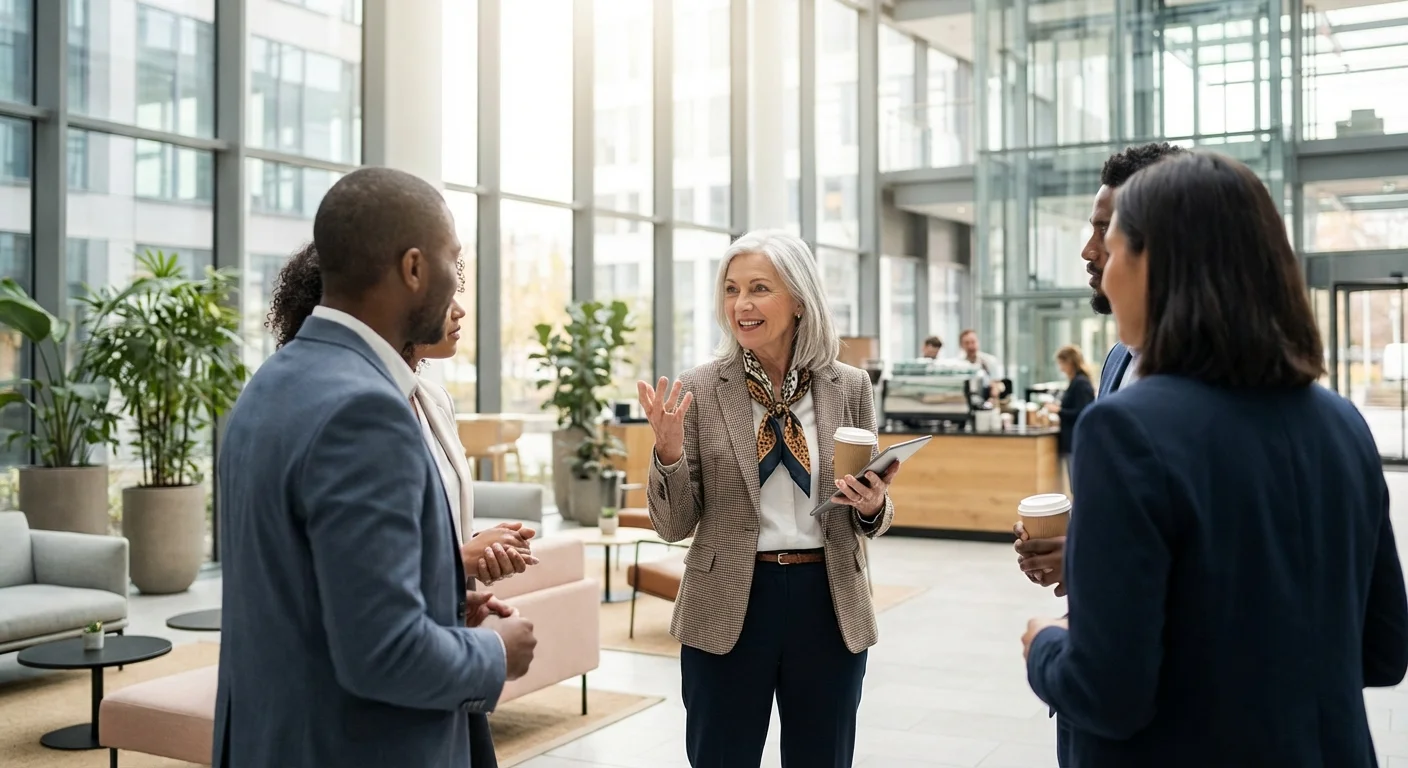 A senior woman engaging in a professional conversation in a modern office.