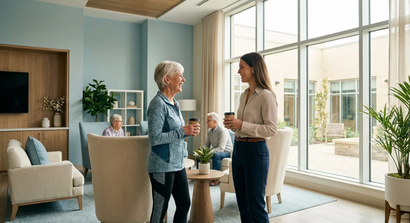 A senior woman engaging with a community member in a bright, modern facility.