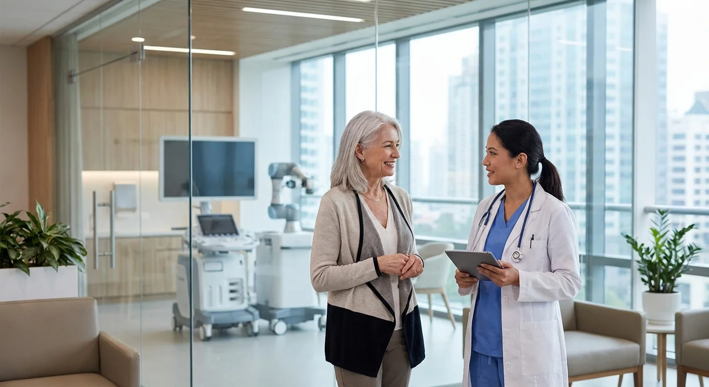 A senior woman having a friendly consultation with a doctor in a bright, modern clinic.