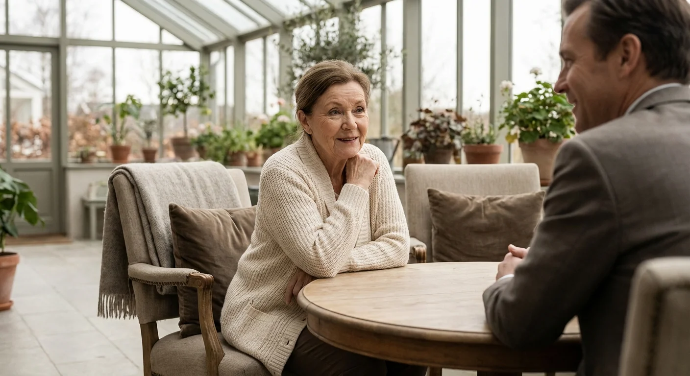 A senior woman having a professional consultation with a financial advisor in a bright room.