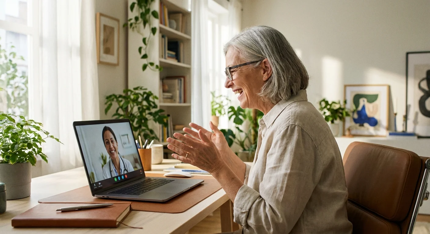 A senior woman having a video call with a doctor on her laptop in a bright room.