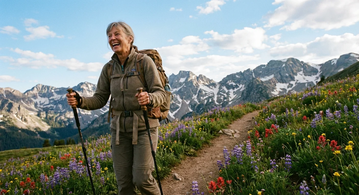A senior woman hiking a scenic mountain trail in Colorado.