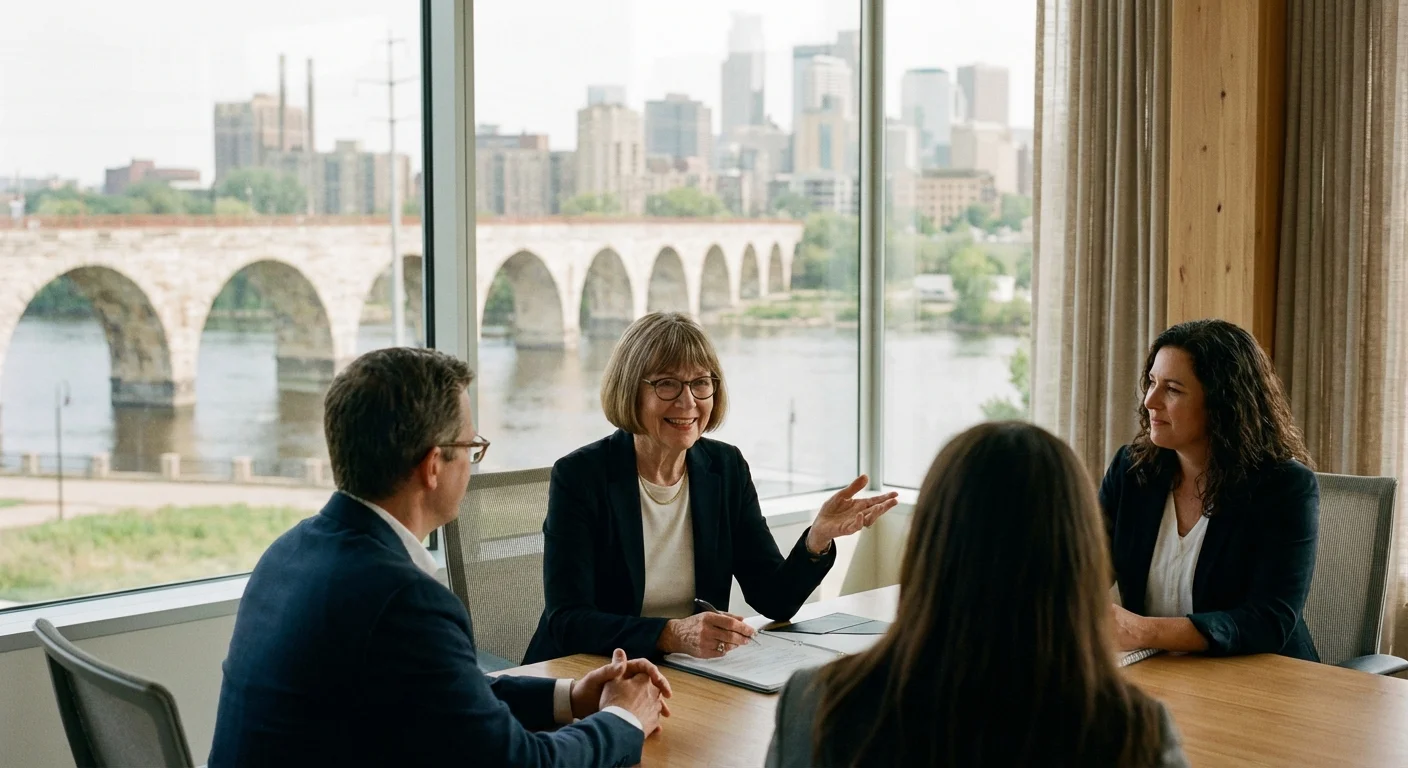 A senior woman leading a professional meeting in a Minneapolis office.