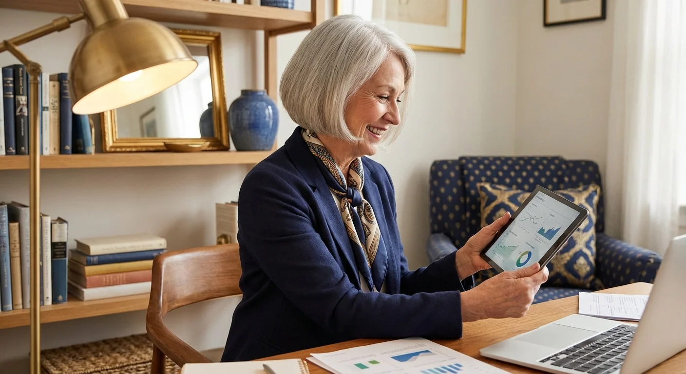 A senior woman looking at a tablet with a satisfied expression, symbolizing smart financial choices.