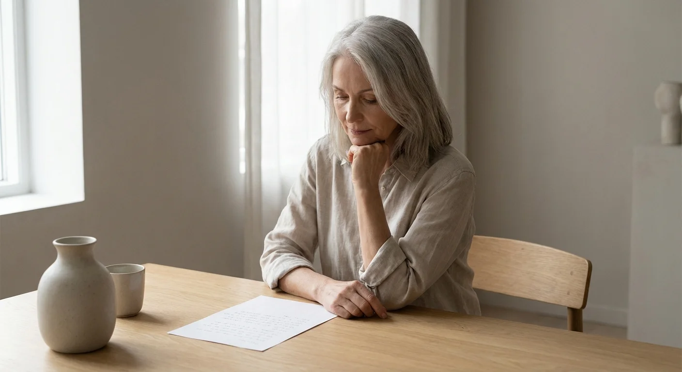 A senior woman looking carefully at a document on a minimalist table.