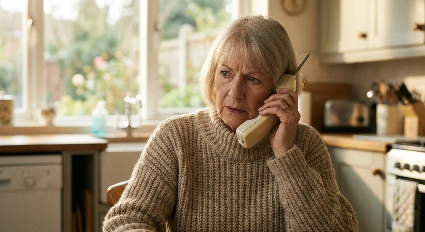 A senior woman looking concerned while talking on a phone in a sunlit kitchen.