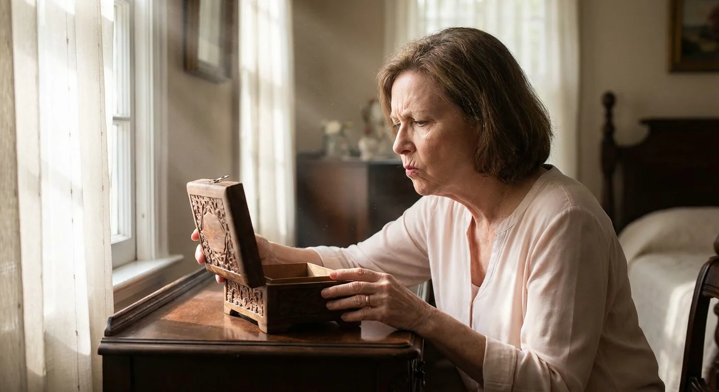 A senior woman looking into an empty jewelry box.