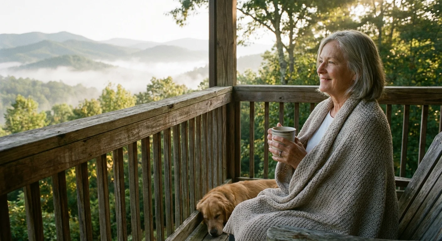 A senior woman looking out at misty blue mountains from a balcony.