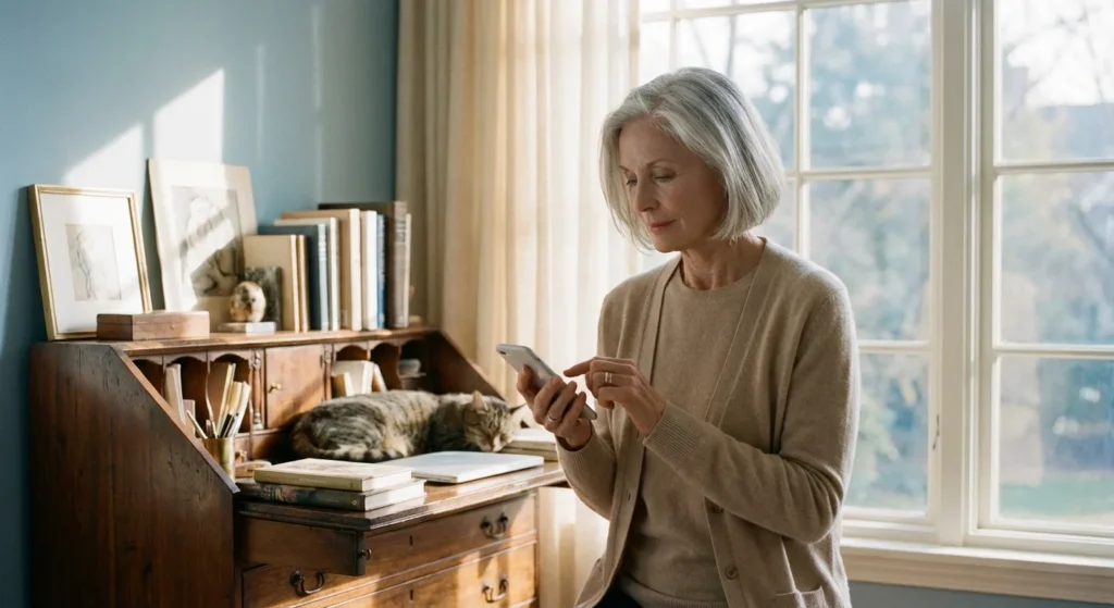 A senior woman looking thoughtfully at her phone in a bright, modern home office.