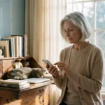 A senior woman looking thoughtfully at her phone in a bright, modern home office.