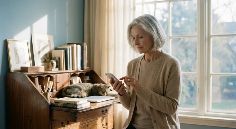 A senior woman looking thoughtfully at her phone in a bright, modern home office.