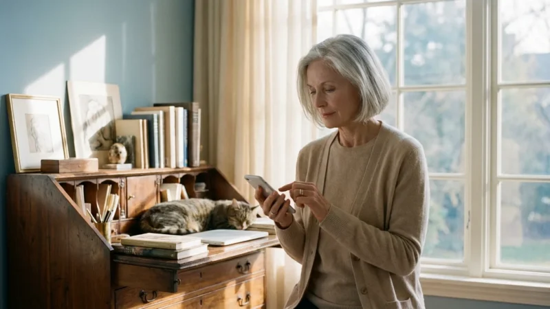 A senior woman looking thoughtfully at her phone in a bright, modern home office.