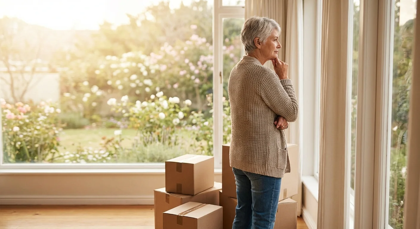 A senior woman looking thoughtfully out a window next to moving boxes in a bright room.