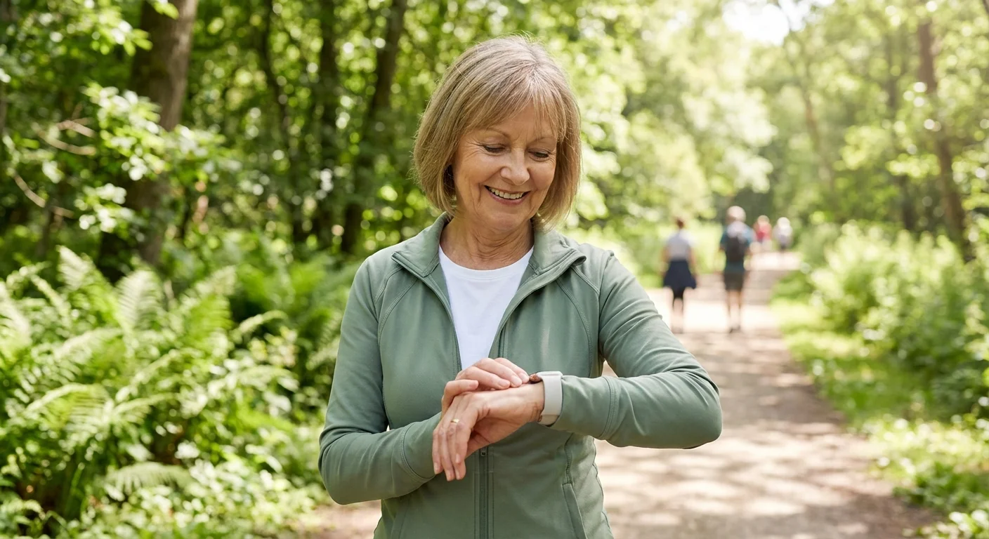 A senior woman monitoring her health stats on a smartwatch outdoors.