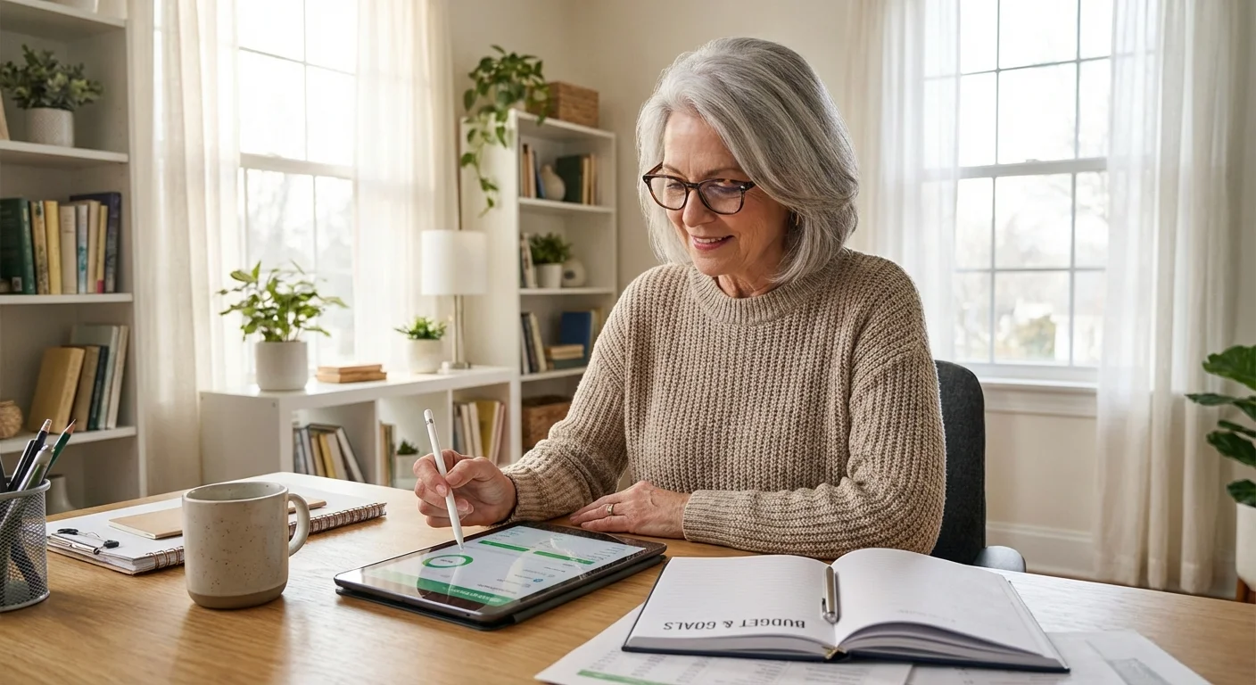 A senior woman organizing her finances and planning at a desk in a sunlit room.