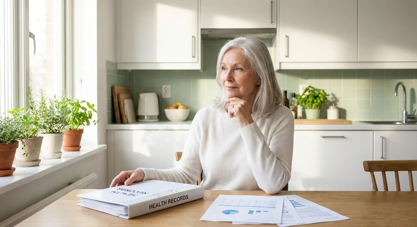A senior woman organizing her healthcare documents in a bright, airy kitchen.