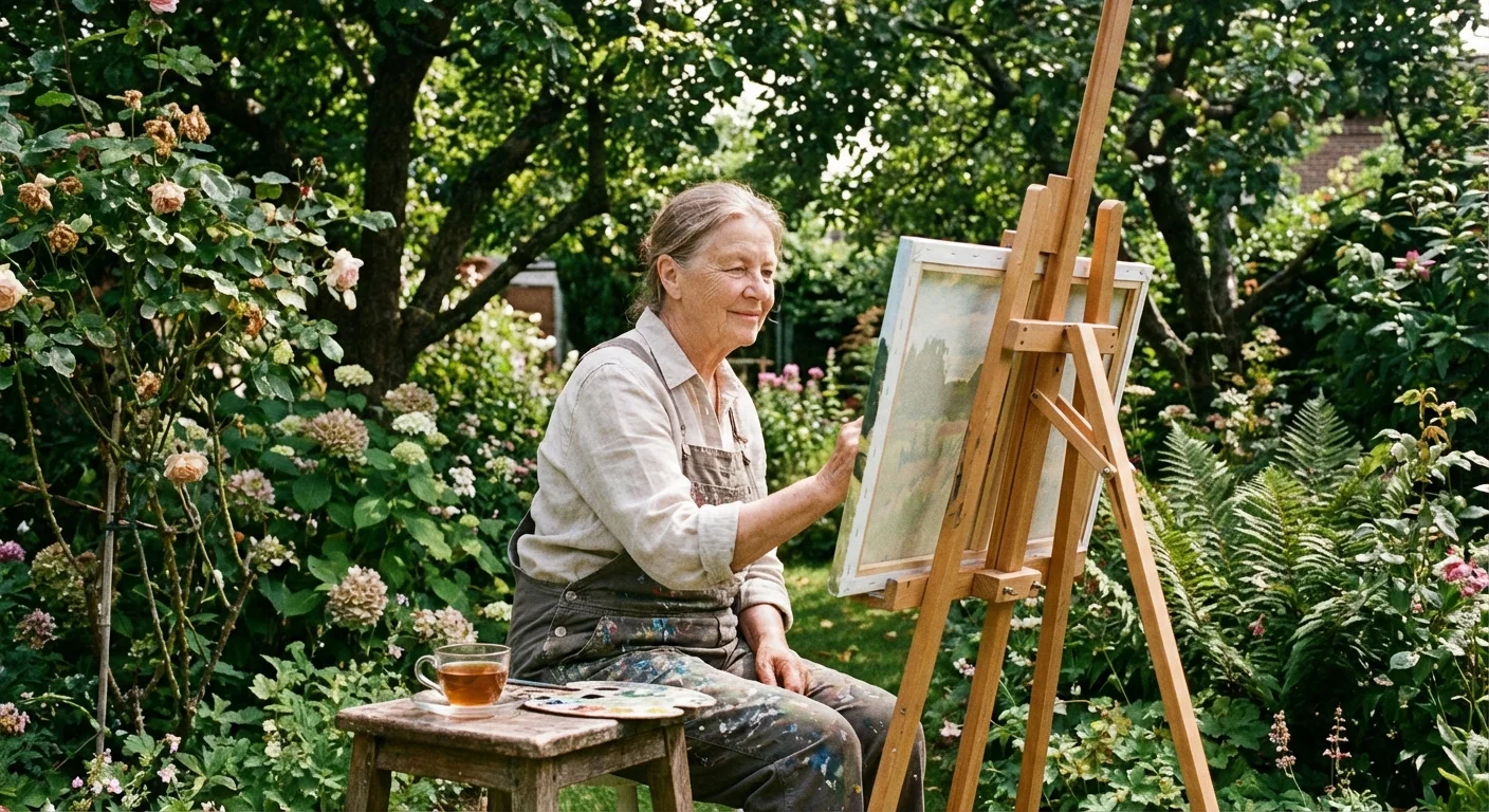 A senior woman painting in a lush, sun-drenched garden.