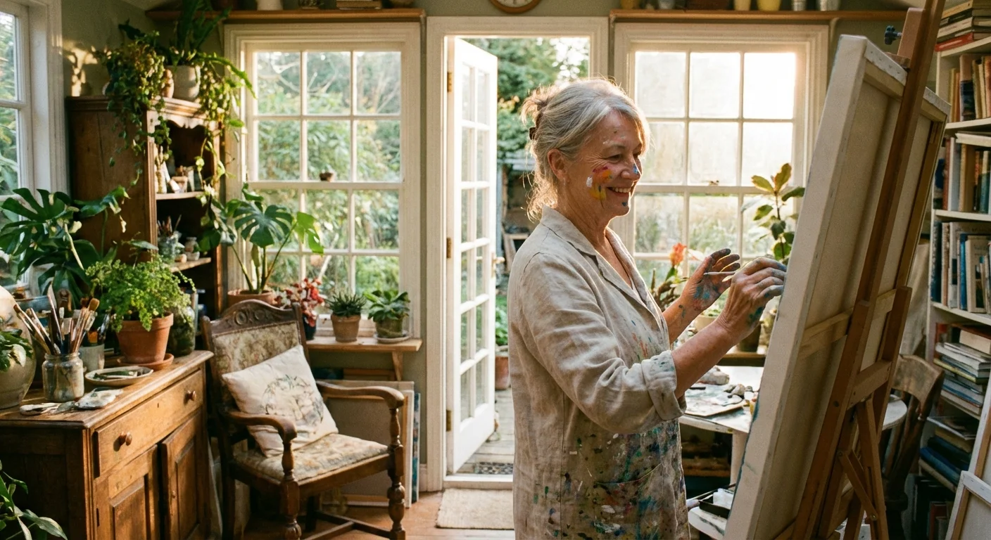 A senior woman painting in her cozy home studio.