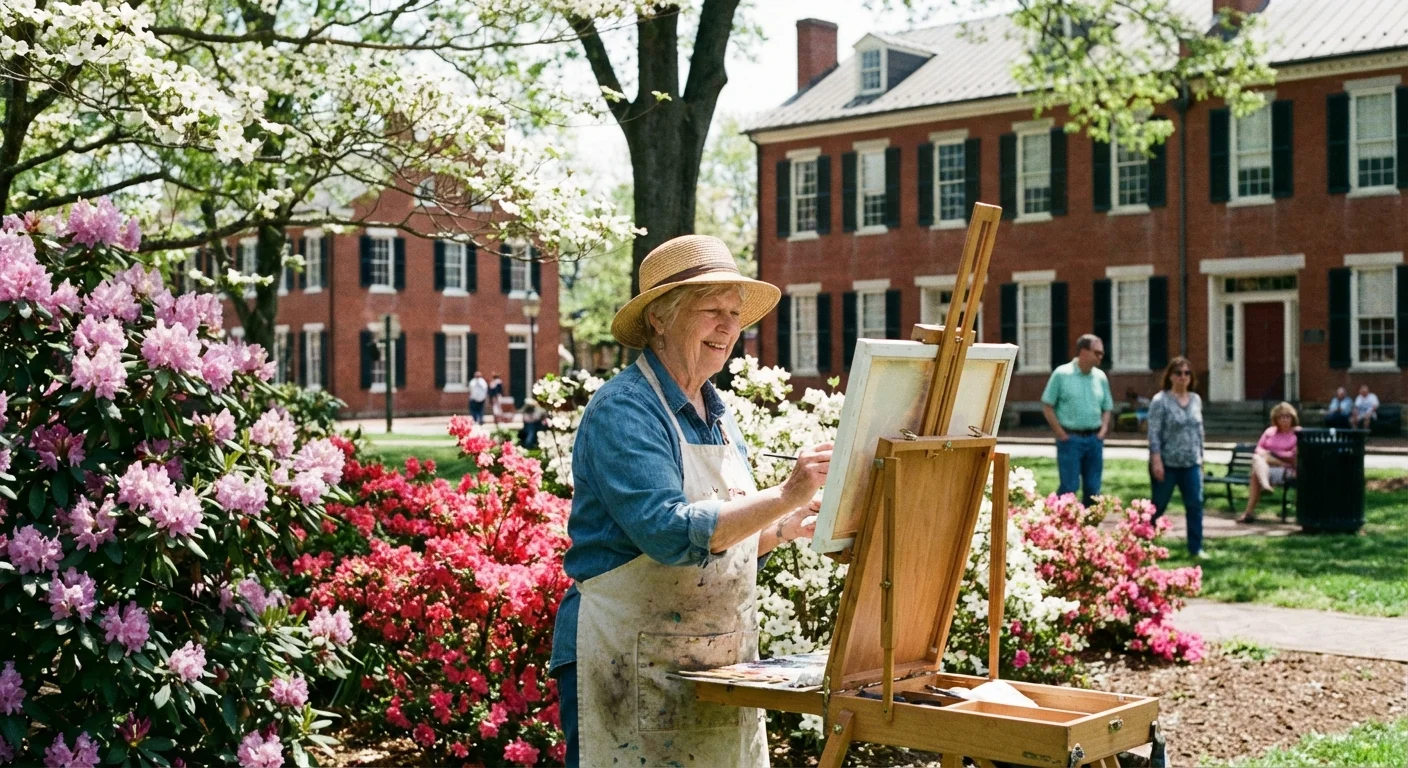 A senior woman painting outdoors in Danville, Kentucky.