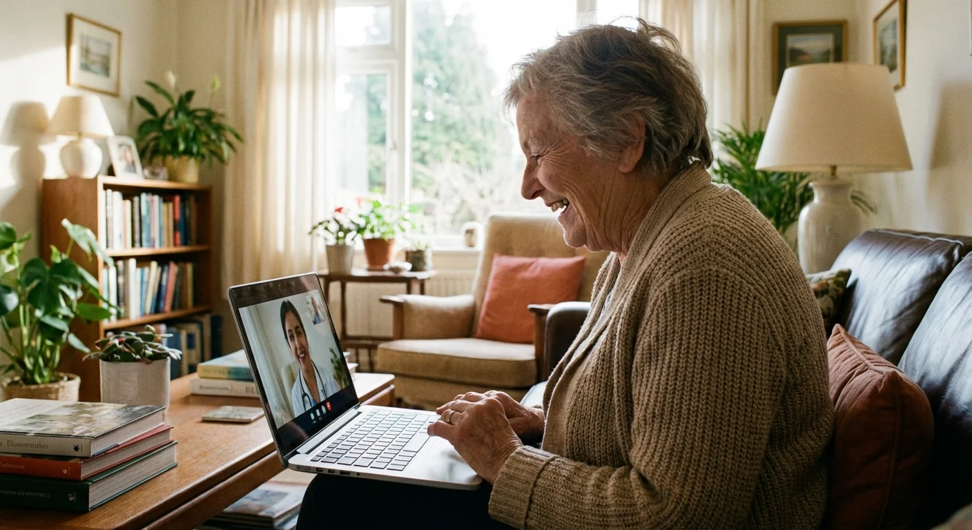 A senior woman participating in a telehealth call on her laptop.