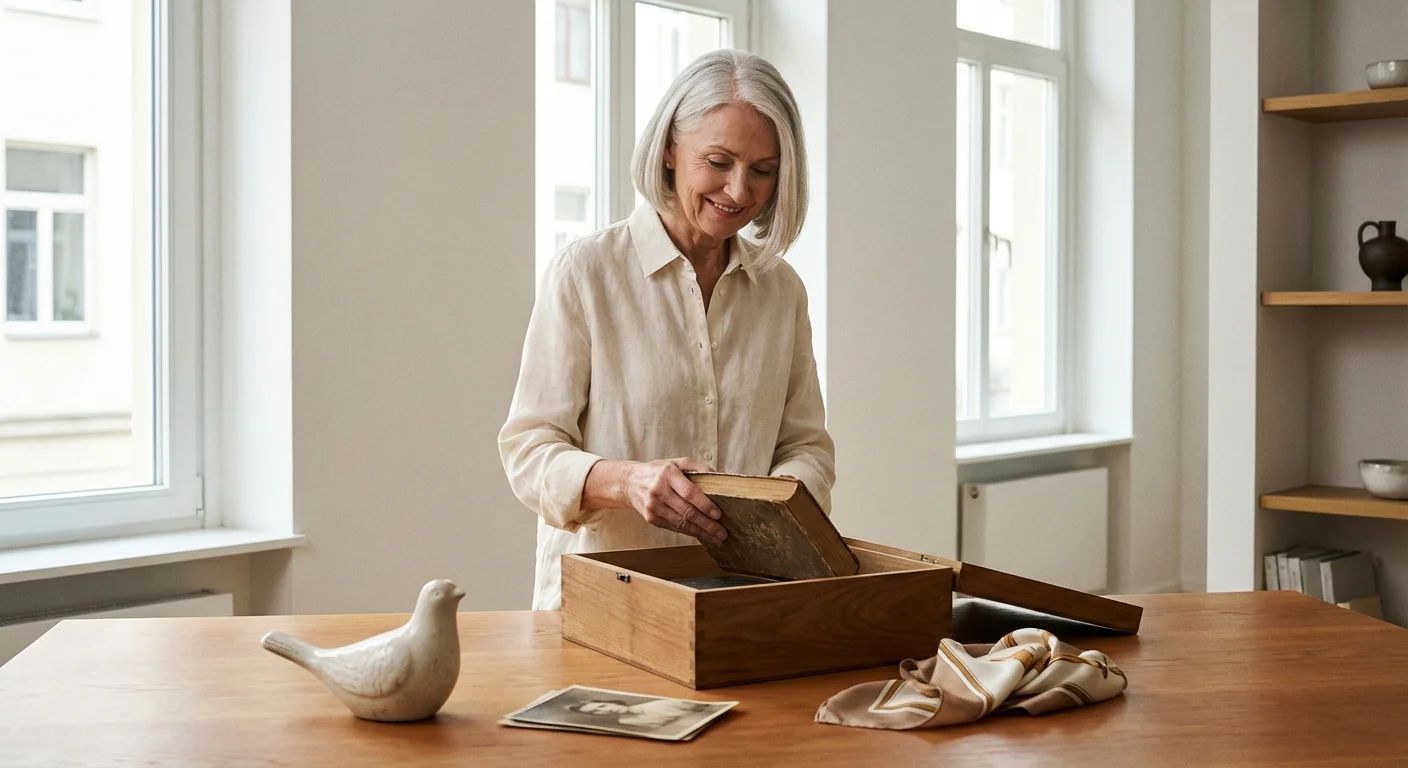 A senior woman peacefully organizing her belongings in a minimalist home.