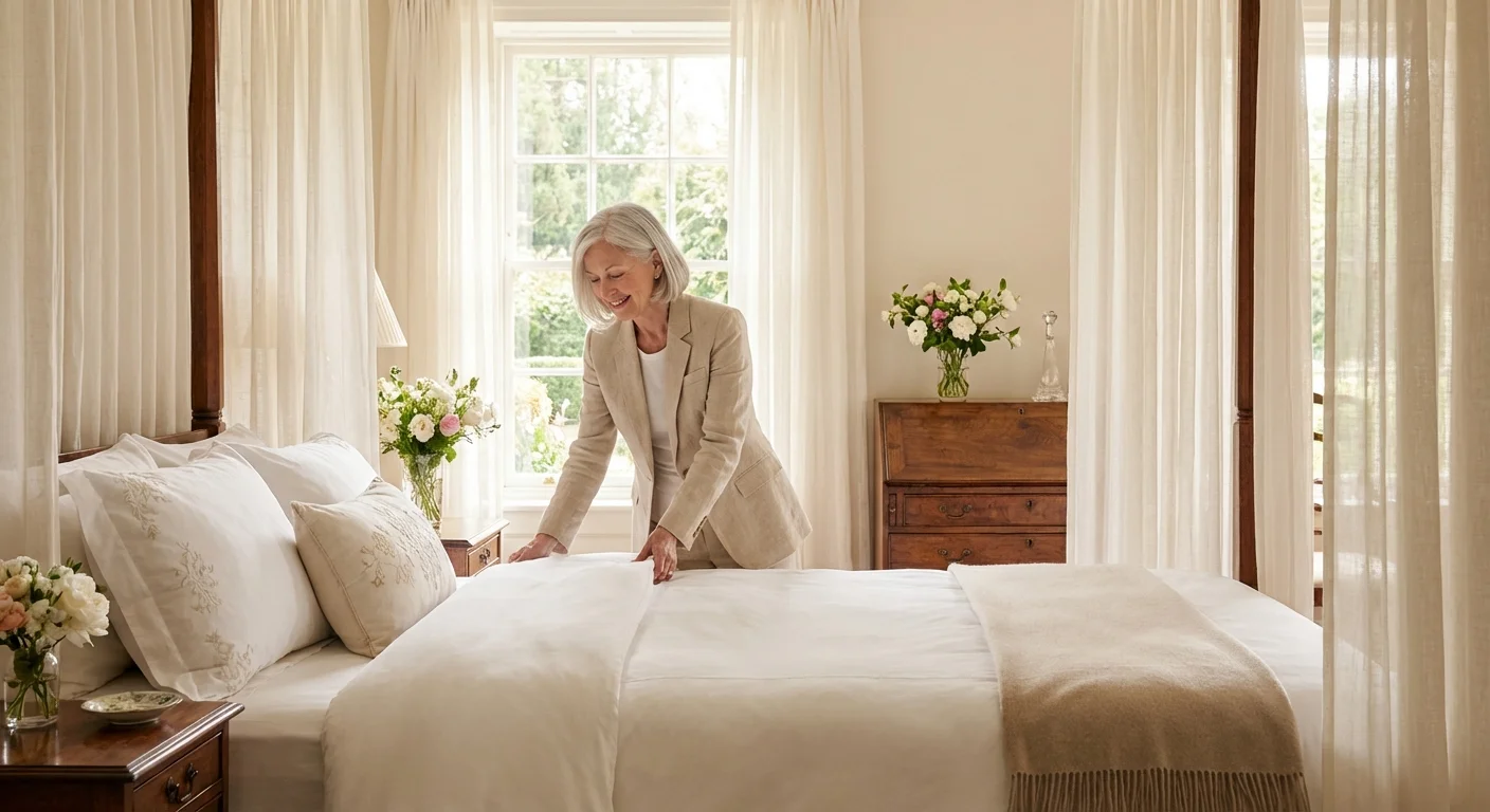 A senior woman preparing a bright, upscale guest room for a rental guest.