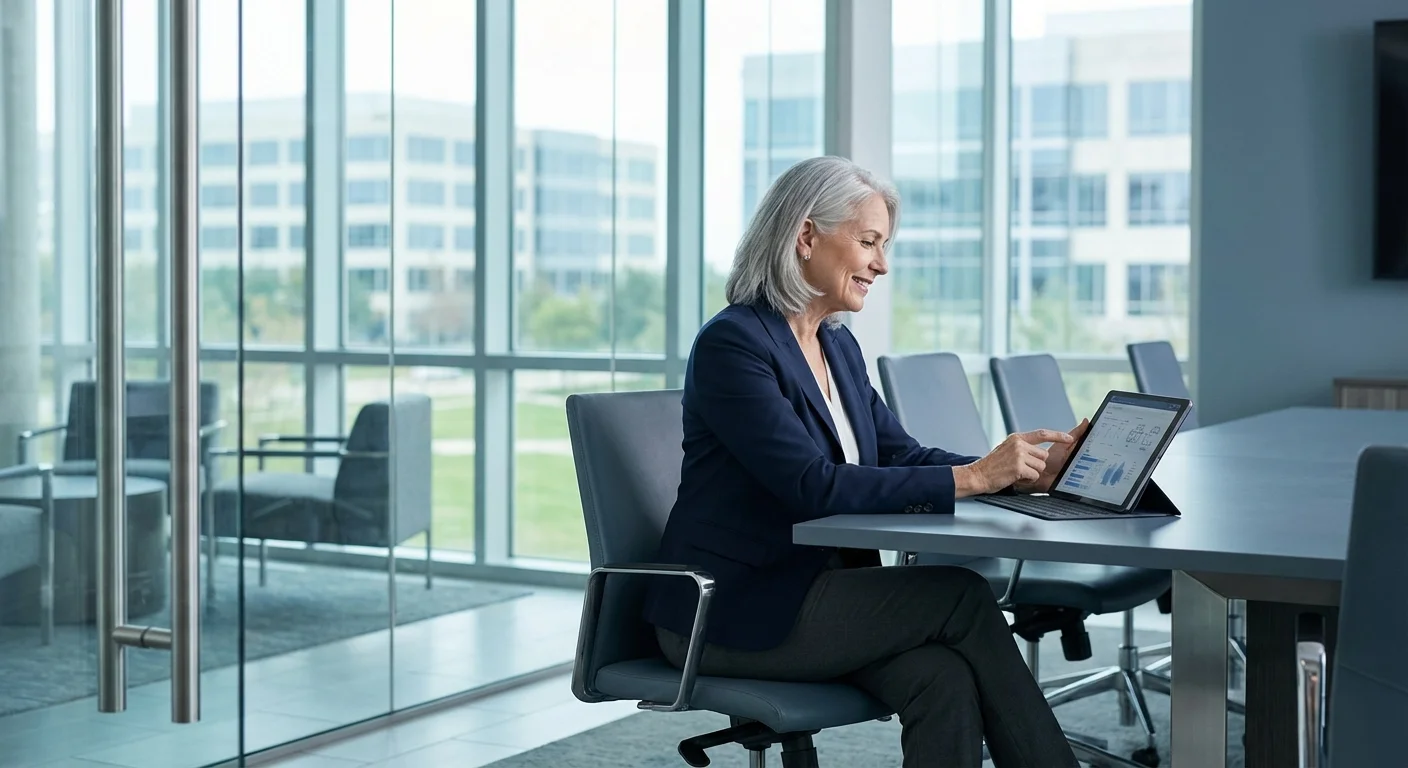 A senior woman professional in a modern Irving corporate office.